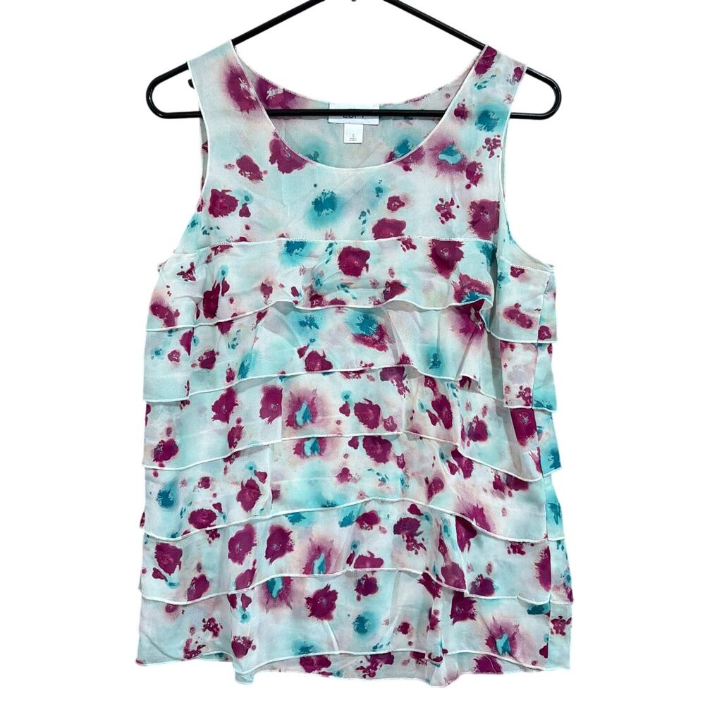 Ann Taylor LOFT Womens Blouse White Multi Tie Dye Sleeveless Layered Small